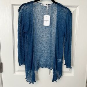Florencia Blue Sheer Knit Boho Chic Resort Wear Mesh Cardigan Scalloped Hem S